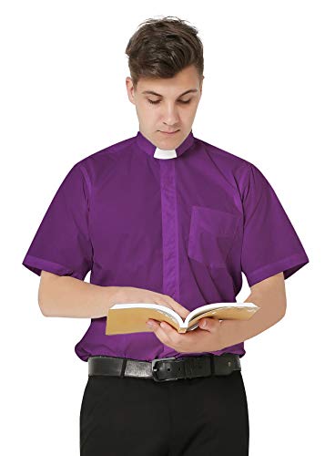 IvyRobes Men's Short Sleeves Tab Collar Clergy Shirt- Black White Purple - color: Purple, size: X-Small