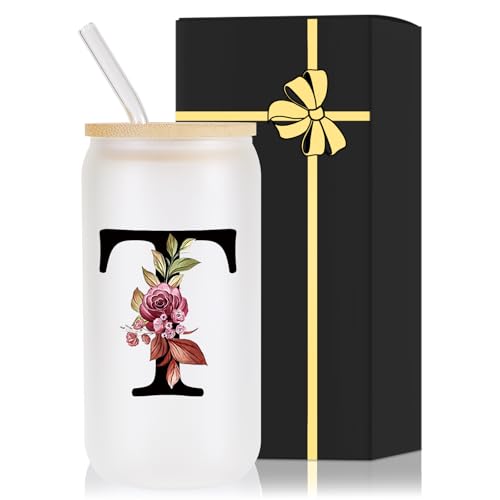 Monogrammed Glass Drinking Cup With Lid Straw Women Men Gift Christian Choir Teacher Godmother Godfather Religious Spiritual Inspirational Catholic Baptism Ordination Pastor Wife Ordained Minister,T - style: Letter T