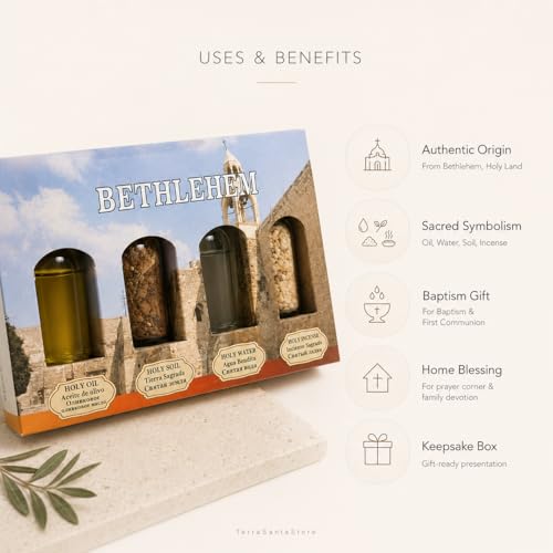 Authentic Holy Land Blessing Set – 4-Piece Biblical Elements Gift Box with Anointing Olive Oil, Sacred Jerusalem Soil, Jordan River Holy Water & Aromatic Frankincense Incense (Bethlehem)
