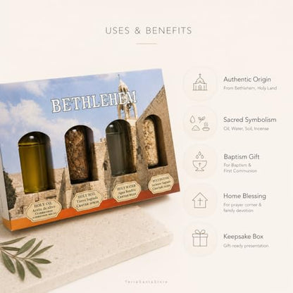 Authentic Holy Land Blessing Set – 4-Piece Biblical Elements Gift Box with Anointing Olive Oil, Sacred Jerusalem Soil, Jordan River Holy Water & Aromatic Frankincense Incense (Bethlehem)