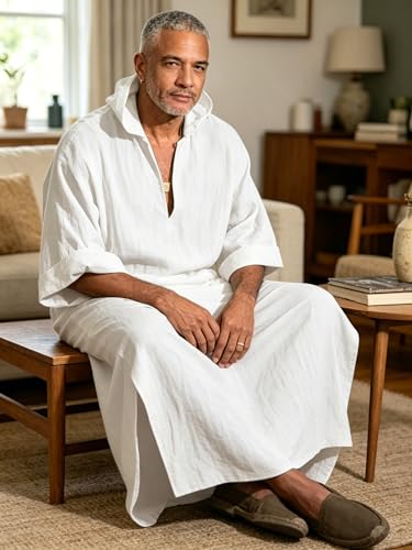 Jacansi Men's 65% Cotton 35% Linen Kaftan Thobe, Long Sleeve Casual Arabic Robe, Loose Long Gown with Pockets - color: 3# White, size: Medium