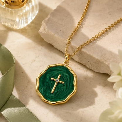 Enamel Cross Necklace for Women 18K Gold Plated Christian Pendant - color: Dark Green