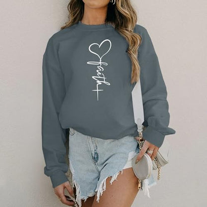 KIEKIECOO Faith Christian Sweatshirts for Women Religious Crewneck Sweatshirt Letter Print Fall Pullover Long Sleeve Tops - color: Deep Gray, size: Large