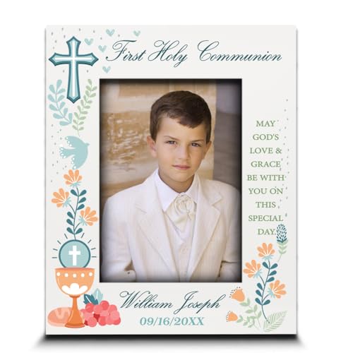 BELLA BUSTA-Personalize My First Holy Communion Theme Picture frame-Cross and Chalice, Religion, Christian Traditions Occasion-UV Print (5x7Vertical (Boy)) - color: 5x7Vertical (Boy)