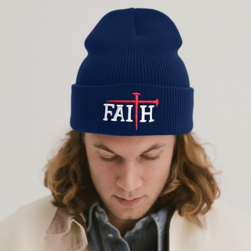 Christian Jesus Cross Beanie - Faith Winter Beanie Hats for Men Women - Religious Gifts for Christmas & New Years - color: Faith-red Cross/Navy Blue
