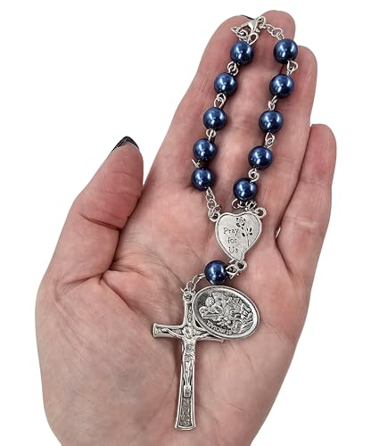 TALISMAN4U St. Michael Guardian Angel Medal Rosary for Car Rearview Mirror - color: Blue Rosary Beads