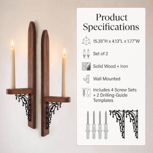 Gothic Wall Sconces, Wooden Wall Candle Holders, Brown, Set of 2