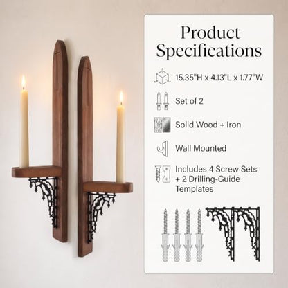 Gothic Wall Sconces, Wooden Wall Candle Holders, Brown, Set of 2