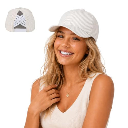 C.C Women's Criss-Cross Ponytail Trucker Hat - Snapback, One Size - color: Cotton Stripe-beige