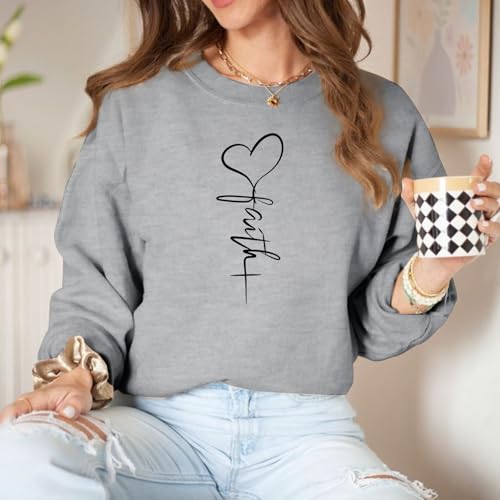 KIEKIECOO Faith Christian Sweatshirts for Women Religious Crewneck Sweatshirt Letter Print Fall Pullover Long Sleeve Tops - color: Light Gray, size: X-Large