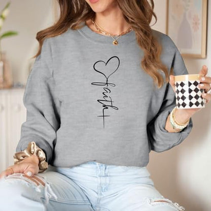 KIEKIECOO Faith Christian Sweatshirts for Women Religious Crewneck Sweatshirt Letter Print Fall Pullover Long Sleeve Tops - color: Light Gray, size: Medium
