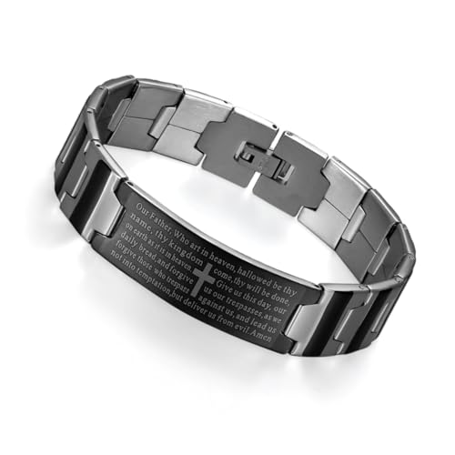 Flongo Men's Vintage Stainless Steel Black Cross English Bible Lords Prayer Link Wrist Bracelet For Men Christmas Gifts - color: silver black, 7.9 inches