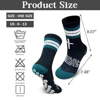 3 Pairs Cross Socks with Bible,Philippians 4: 13 Christian Socks US 6-13, Grip Sport Sock for Football, Soccer, Gym - color: Black Green