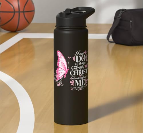 Philippians 4:13 Butterfly Inspirational Design Stainless Steel Insulated Water Bottle - color: Black