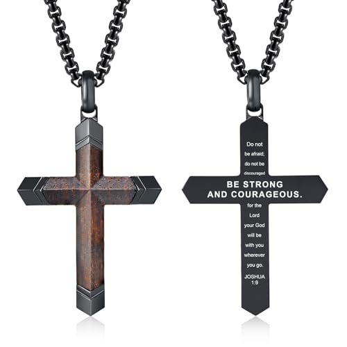 FLHEART Wooden Cross Bible Verse Necklace for Men, Hawaiian Handmade Real Black Ebony Wood Cross Pendant Stainless Steel Chain, Mens Cross Necklaces Koa Wood Jewelry Christian Baptism Easter Gifts - style: Joshua 1:9 - 1pc