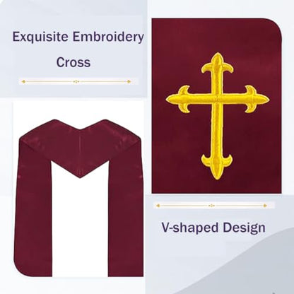 Clergy Stole & Choir Stole with Cross Embroidery 60'' (Pink) - color: Maroon