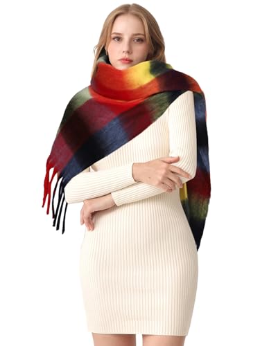 HOTIAN Women's Large Scarf Colorful Chunky Plaid Scarves Soft Winter Thick Tassel Warm Wrap Shawl - color: Deep Blue Red