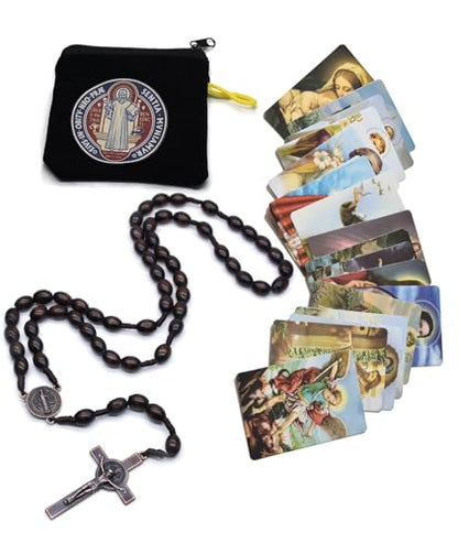SZQCZB Wooden Rosary Beads Catholic for Men, Saint Benedict Medal and Cross - Comes in Gift Pouch and 18pcs Prayer Cards - color: Deep Coffee
