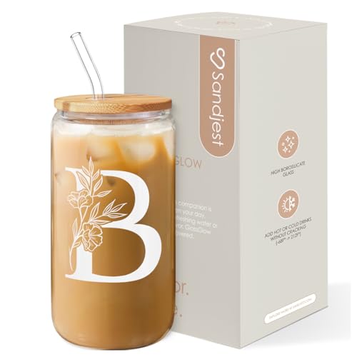 SANDJEST Monogrammed Gifts for Women - Monogram B Initial Glass Cup 16 Oz Can Coffee Cups with Lid and Straw - Monogram Initials Gifts for Womens on Birthday - color: Initial B