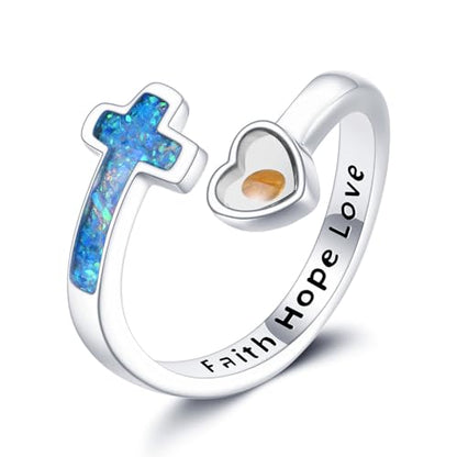 Mustard Seed Cross Ring 925 Sterling Silver Opal/Blue Opal Jewelry Faith Adjustable Ring Gifts for Women Lover - style: Blue Opal Mustard Seed