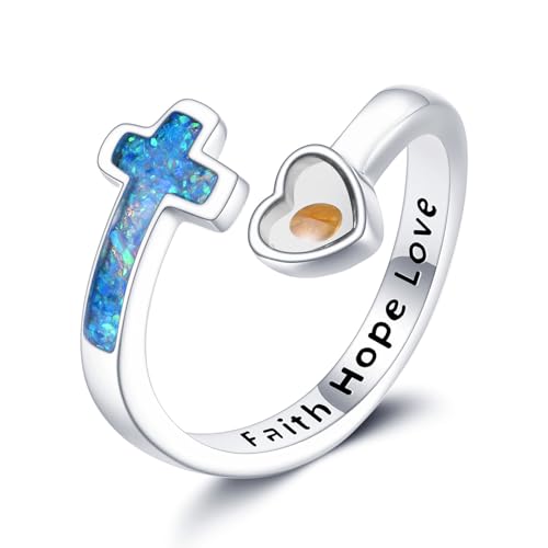 Mustard Seed Cross Ring 925 Sterling Silver Opal/Blue Opal Jewelry Faith Adjustable Ring Gifts for Women Lover - style: Blue Opal Mustard Seed