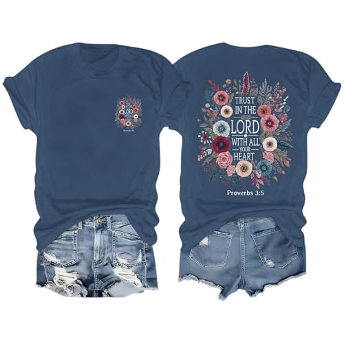 Christian Shirts for Women Trust in The Lord Graphic Tees Boho Floral Shirt Jesus Bible Verse Faith Summer Tshirts - color: Navy Blue, size: X-Large
