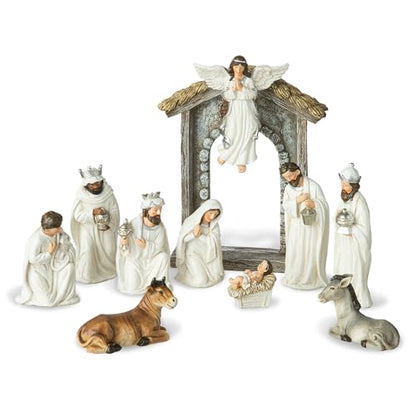 Glitzhome Christmas Nativity Set Nativity Scene Set Indoor 8 in Resin Nativity Figurines Set 11 Pcs Removable Angel Statue Ivory Nativity Sets & Figures Christian Holy Family Figure with Baby Jesus - color: Ivory Nativity Set