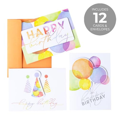 Masterpiece Colorful Pop Out Happy Birthday Cards / 12 Boxed Birthday Cards With Orange Envelopes / 4 5/8" x 6 1/4" Folded Greeting Cards With Inside Verses / 3 Pop Out Dimensional Designs - color: Colorful Pop Out