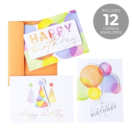 Masterpiece Colorful Pop Out Happy Birthday Cards / 12 Boxed Birthday Cards With Orange Envelopes / 4 5/8" x 6 1/4" Folded Greeting Cards With Inside Verses / 3 Pop Out Dimensional Designs - color: Colorful Pop Out