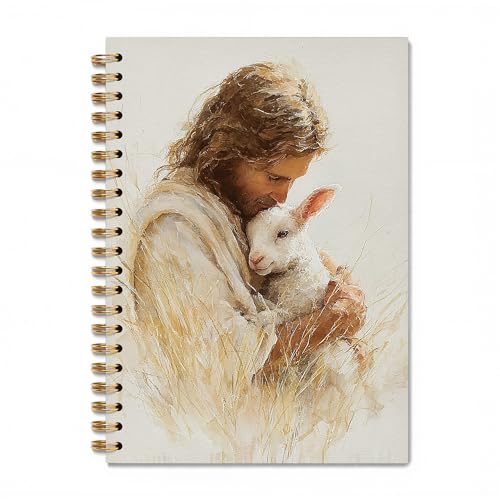 Jesus and Lamb Christian Spiral Notebook, He Left The 99 to Find Me Bile Prayer Journal for Women Men, Jesus Leaves The 99 Sheep Notebook Journal for School Office Supplies, 5.5 x 8.3 Inch - color: 18Child