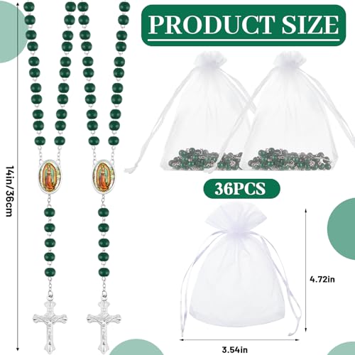 Taiyin 36 Pcs Wooden Bead Rosary Necklace with Crucifix and Our Lady of Guadalupe Scented First Communion Rosary with 36 Organza Bags Baptism Favors Catholic Gift for Men Women - color: Green