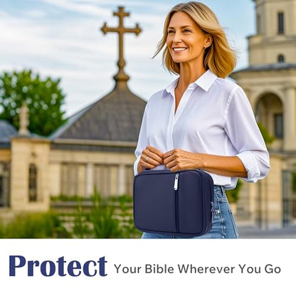 Small Bible Cover Case for Women and Men, 9x6 PU Leather Bible Sleeve, Compact Travel Bible Carrier Bag with Front Pen Holders, Zipper Closure, Inner Pockets - Navy Blue - color: Navy Blue, size: 9''x6.5''