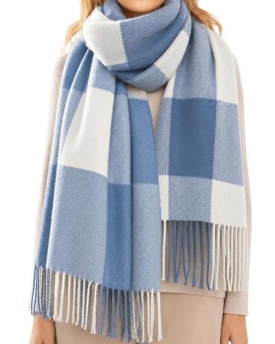 Loritta Winter Scarf for Women, Long Plaid Shawl Wraps Scarves Gifts - color: U-blue White Lattice