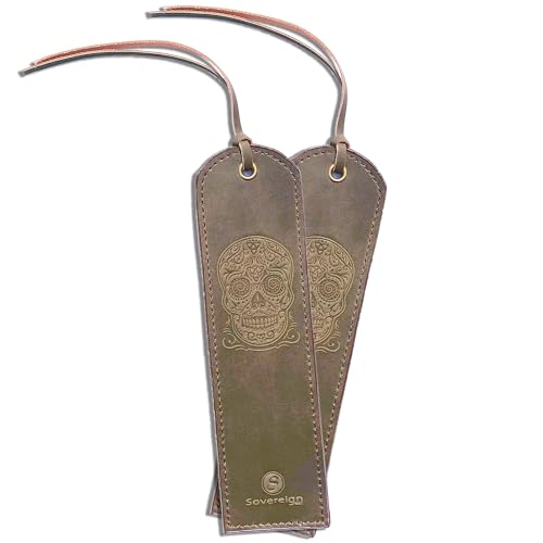 Leather Bookmark Handmade with Sugar Skull Heart Design - 2 Genuine Leather Book Marks for Reading - Unique Bookmarks for Men Women Girls | Gothic Book Lover Gifts for Bookworms Relatives and Friends - style: Skull