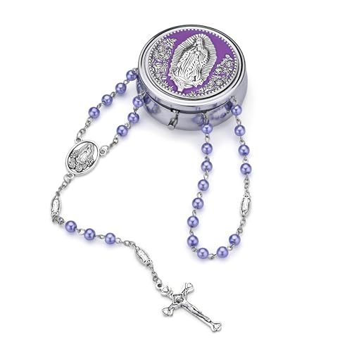 Guadalupe Rosary Beads for Women with Metal Box and 18pcs Holy - color: Purple