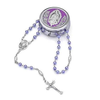 Guadalupe Rosary Beads for Women with Metal Box and 18pcs Holy - color: Purple