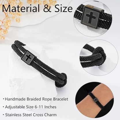Christian Cross Bracelet for Boys Men- Adjustable Rope Bracelet Christian Religious Jewelry Gifts Ideas for Teen Boys Kids - color: Black-Joshua 1:9