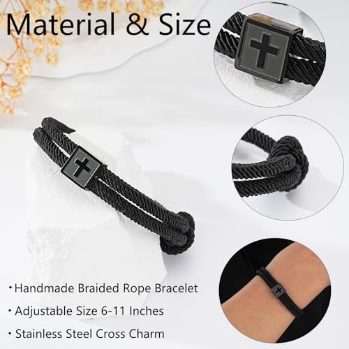 Christian Cross Bracelet for Boys Men- Adjustable Rope Bracelet Christian Religious Jewelry Gifts Ideas for Teen Boys Kids - color: Black-Isaiah 41:10