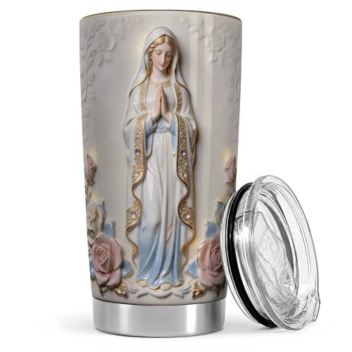 Virgin Mary White Statue Art 20oz Tumbler, Virgin Mary Tumbler for Daily Drinks, Blue Robe Rose Illustration, Catholic Devotional Cup, Religious Design for Women, Men, and Church Use (Steel) - color: Steel