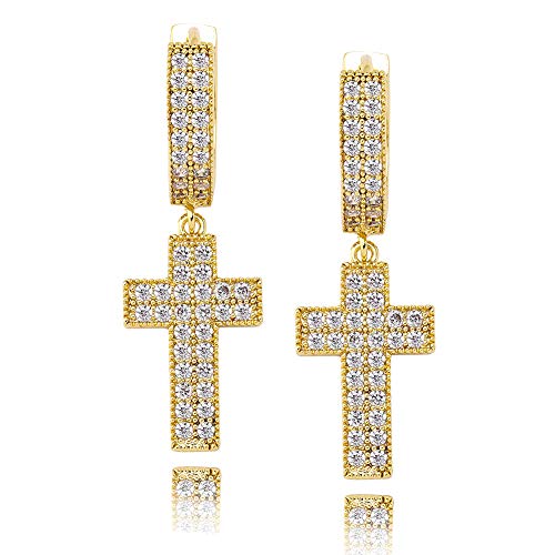 TOPGRILLZ Cross Hoop Dangle Earrings 925 Sterling Silver 5A+ Cubic Zirconia 14K Gold Hypoallergenic Cross Hoop Cuff Huggie Drop Earrings For Men Women - color: Cross 2 Gold