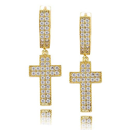 TOPGRILLZ Cross Hoop Dangle Earrings 925 Sterling Silver 5A+ Cubic Zirconia 14K Gold Hypoallergenic Cross Hoop Cuff Huggie Drop Earrings For Men Women - color: Cross 2 Gold