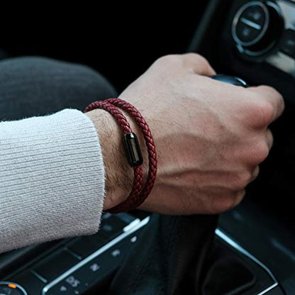 globi Leather Bracelet For Men | Genuine Wrap Braided Leather Cuff Bangle Bracelet with Magnetic Stainless Steel Clasp For Men/Women - color: Red