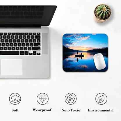 Sunset Lake Fishing Silhouette Mouse Pad 9.5" x 7.9", Calm Blue Water Nature Cute Desk Mat, Serene Scene - color: Fishing Scene