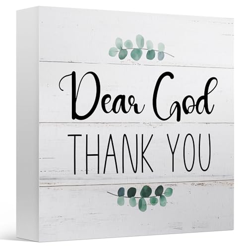 Religious Jesus Desk Decor for Living Room Shelf Table, Dear God Thank You, Wooden Sign 5x5 Inches - color: Crimson