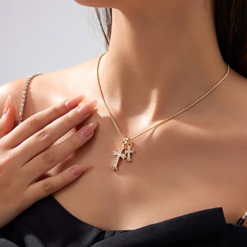 Zeffy Cross Necklace for Women,18K Gold/Silver Plated Tiny Cubic Zirconia Cross Pendant Necklace for Women Simple Layered Cross Necklaces for Women - color: Gold CZ Double Cross