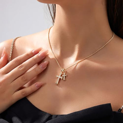 Zeffy Cross Necklace for Women,18K Gold/Silver Plated Tiny Cubic Zirconia Cross Pendant Necklace for Women Simple Layered Cross Necklaces for Women - color: Gold CZ Double Cross