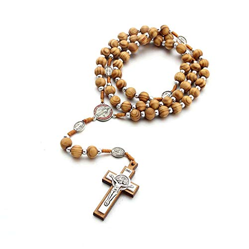 Handmade Wooden Wood Beads Catholic Rosary Crucifix Cross Pendant Necklace Bethlehem Christian Prayer Holy Jerusalem Holyland Y Necklace for Women Men Unisex Jewelry Gift - color: D round