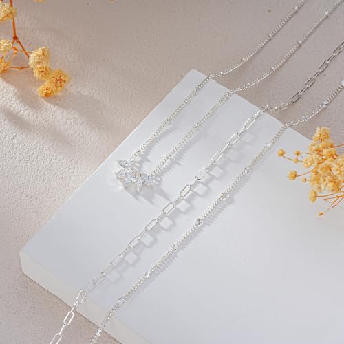 3PCS Gold Silver Layered Necklaces for Women Trendy - color: Silver&Flower