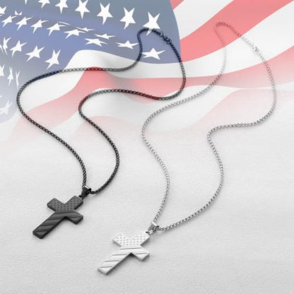 RWQIAN American Flag Cross Necklace for Men Bible Verse, Christian Religious Scriptures Faith Baptism 1st First Communion Pendant Chain for Boys, Fathers Dad Day Graduation Jewelry Gifts for Him - color: Black, style: Always Remember