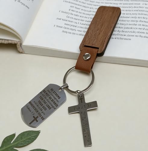 Christian Keychain with Bible Verse - Joshua 1:9 Luke 1:37 Cross Key Ring, Religious Inspirational Gift for Men Women Christian Keychain with Bible Verse